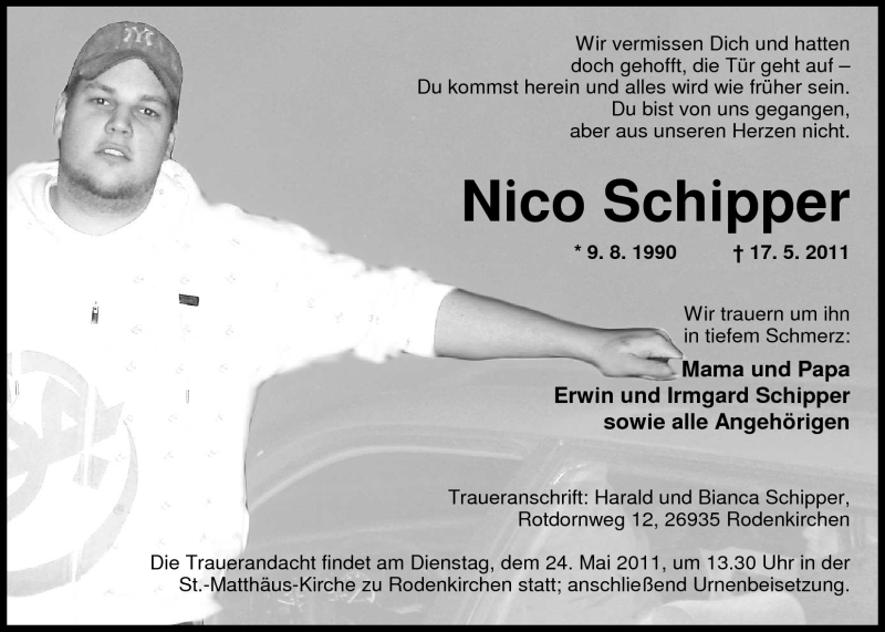  Traueranzeige für Nico Schipper vom 19.05.2011 aus Nordwest-Zeitung