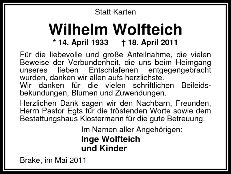  Traueranzeige für Wilhelm Wolfteich vom 28.05.2011 aus Nordwest-Zeitung