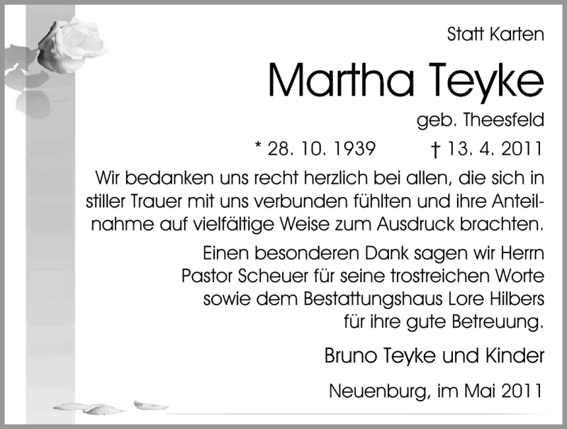  Traueranzeige für Martha Teyke vom 21.05.2011 aus Nordwest-Zeitung