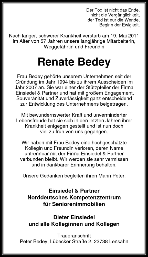  Traueranzeige für Renate Bedey vom 21.05.2011 aus Nordwest-Zeitung