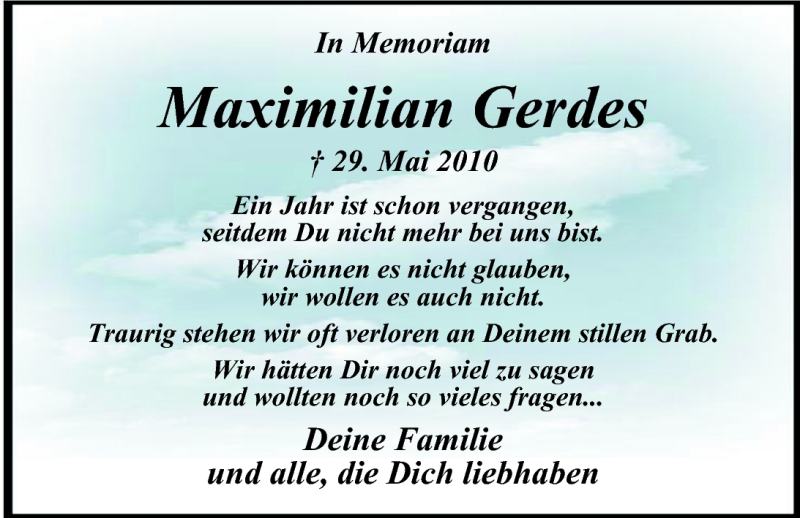  Traueranzeige für Maximilian Gerdes vom 28.05.2011 aus Nordwest-Zeitung