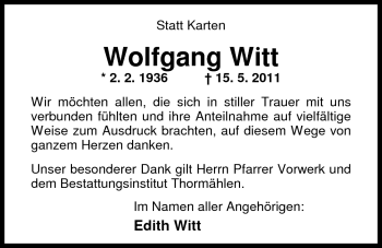 Traueranzeige von Wolfgang Witt von Nordwest-Zeitung