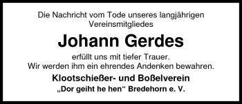 Traueranzeige von Johann Gerdes von Nordwest-Zeitung