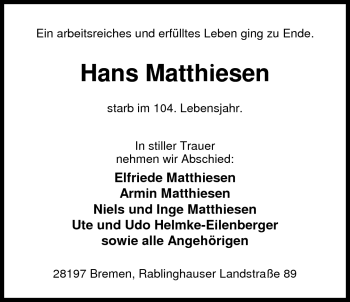 Traueranzeige von Hans Matthiesen von Nordwest-Zeitung