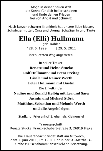 Traueranzeige von Ella Hullmann von Nordwest-Zeitung