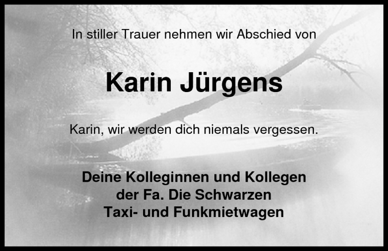  Traueranzeige für Karin Jürgens vom 04.06.2011 aus Nordwest-Zeitung
