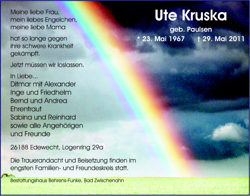  Traueranzeige für Ute Kruska vom 31.05.2011 aus Nordwest-Zeitung