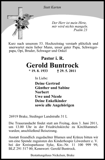 Traueranzeige von Gerold Buntrock von Nordwest-Zeitung