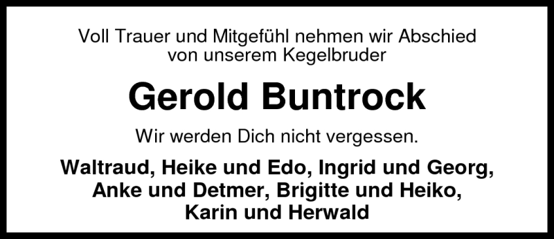  Traueranzeige für Gerold Buntrock vom 01.06.2011 aus Nordwest-Zeitung