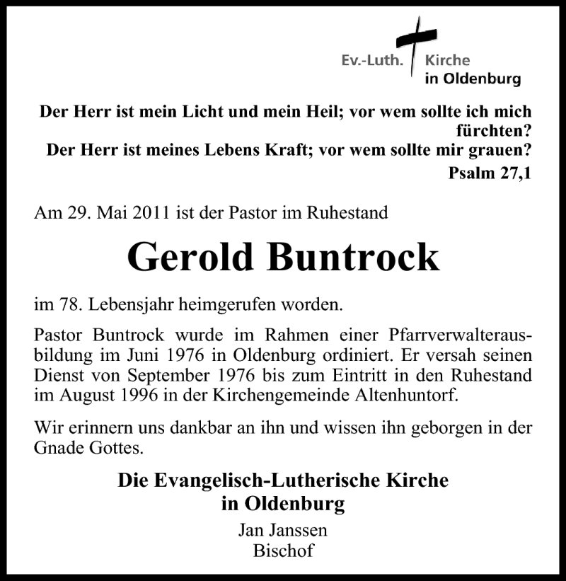  Traueranzeige für Gerold Buntrock vom 01.06.2011 aus Nordwest-Zeitung