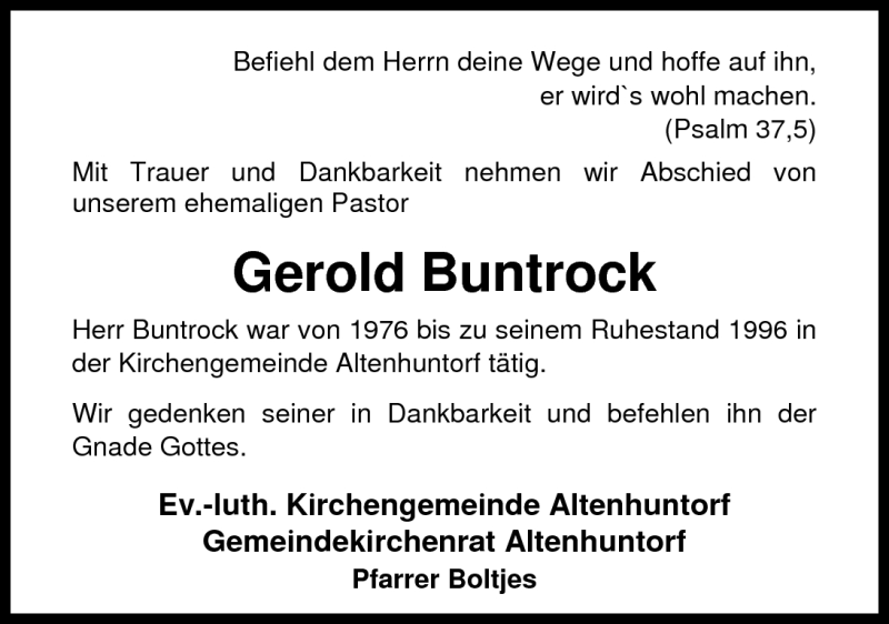  Traueranzeige für Gerold Buntrock vom 01.06.2011 aus Nordwest-Zeitung