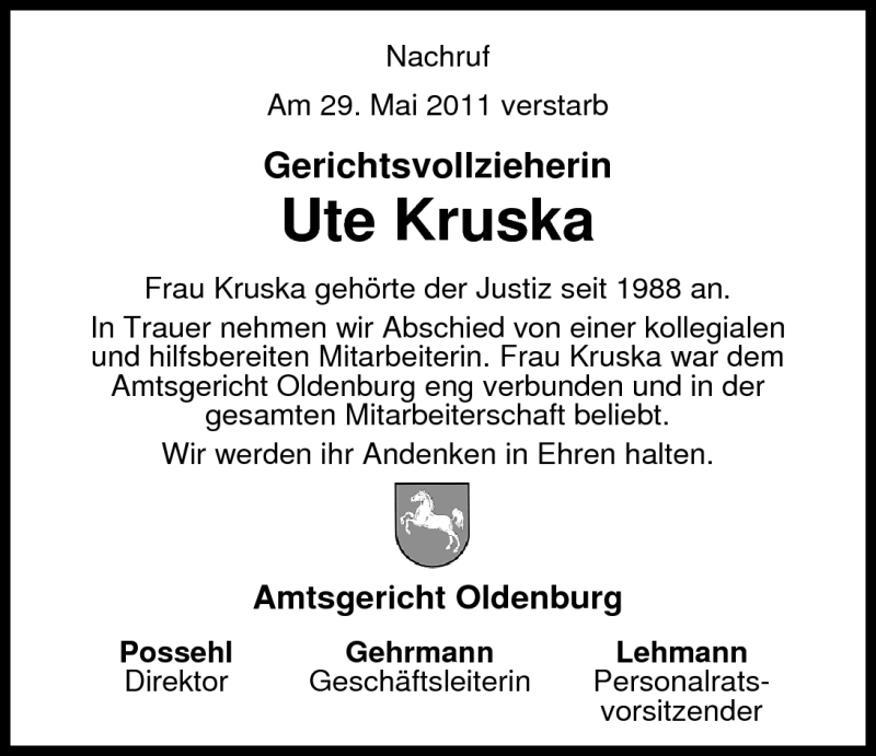  Traueranzeige für Ute Kruska vom 03.06.2011 aus Nordwest-Zeitung