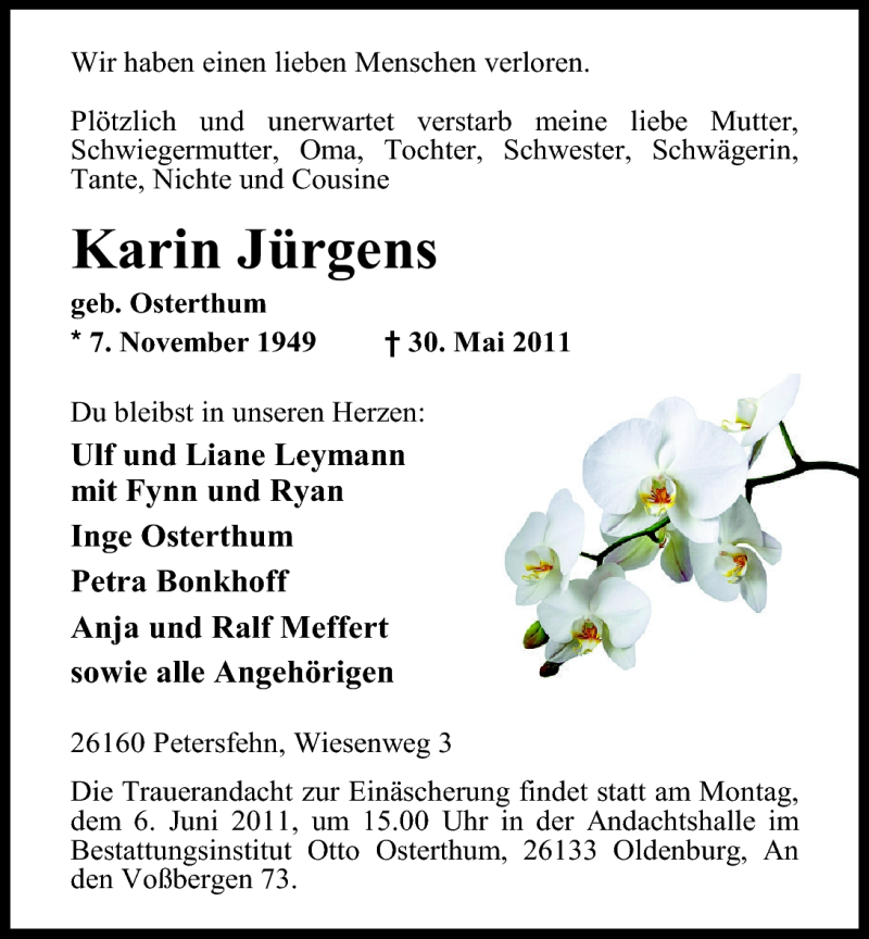  Traueranzeige für Karin Jürgens vom 03.06.2011 aus Nordwest-Zeitung