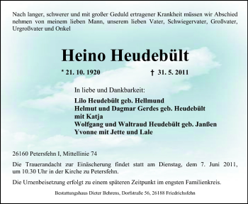 Traueranzeige von Heino Heudebült von Nordwest-Zeitung