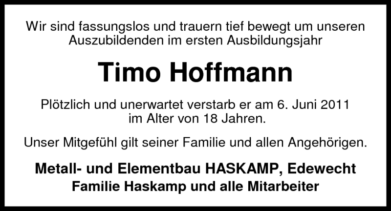  Traueranzeige für Timo Hoffmann vom 09.06.2011 aus Nordwest-Zeitung