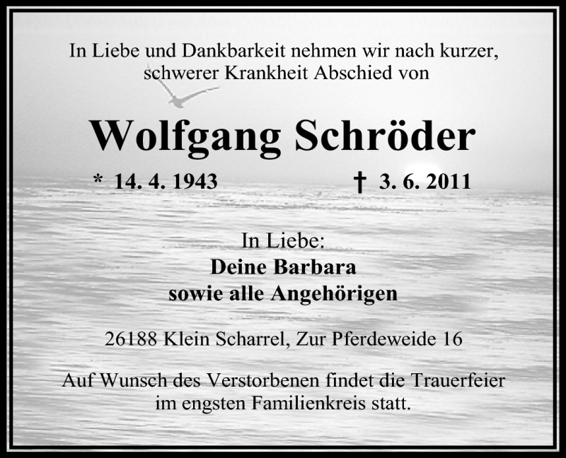  Traueranzeige für Wolfgang Schröder vom 08.06.2011 aus Nordwest-Zeitung