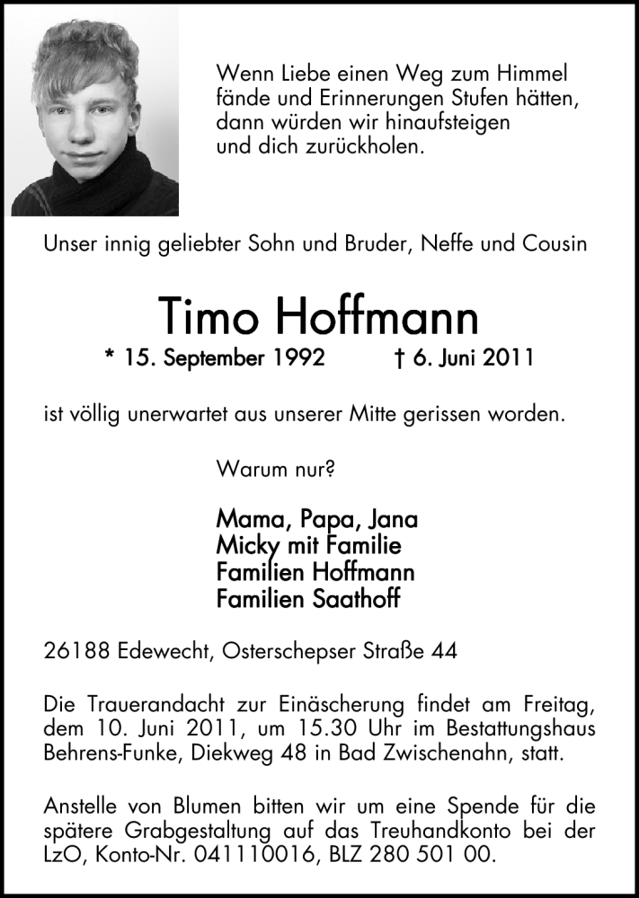  Traueranzeige für Timo Hoffmann vom 09.06.2011 aus Nordwest-Zeitung