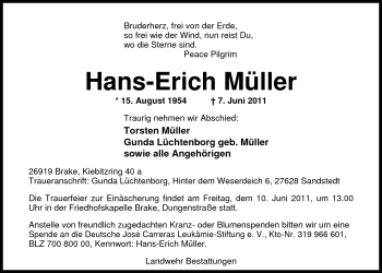 Traueranzeige von Hans-Erich Müller von Nordwest-Zeitung