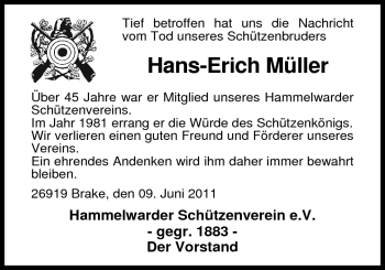 Traueranzeige von Hans-Erich Müller von Nordwest-Zeitung
