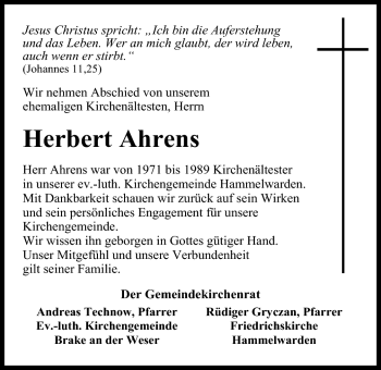 Traueranzeige von Herbert Ahrens von Nordwest-Zeitung