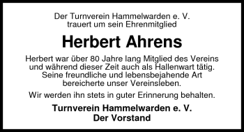 Traueranzeige von Herbert Ahrens von Nordwest-Zeitung
