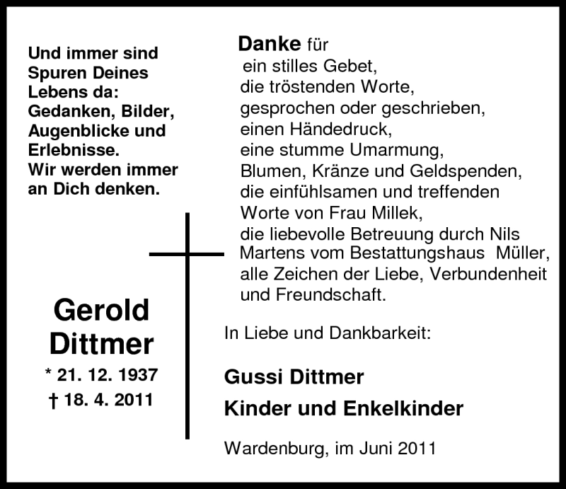  Traueranzeige für Gerold Dittmer vom 11.06.2011 aus Nordwest-Zeitung