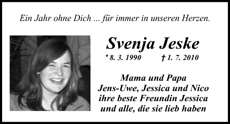  Traueranzeige für Svenja Jeske vom 02.07.2011 aus Nordwest-Zeitung
