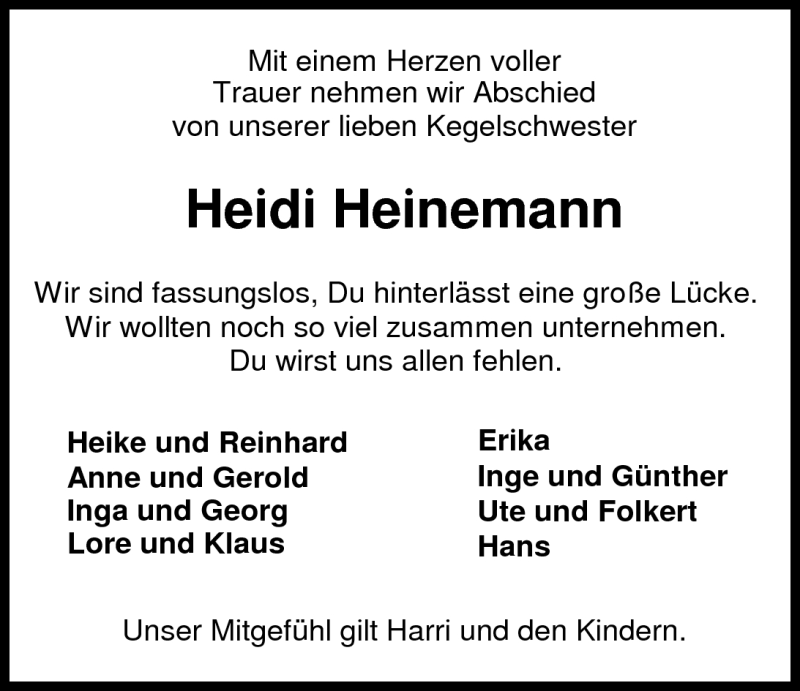  Traueranzeige für Heidi Heinemann vom 16.06.2011 aus Nordwest-Zeitung