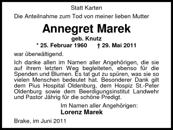 Traueranzeige von Annegret Marek von Nordwest-Zeitung