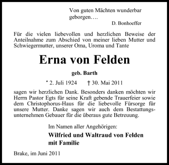 Traueranzeige von Erna von Felden von Nordwest-Zeitung