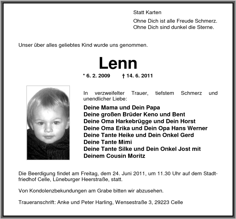  Traueranzeige für Lenn Harling vom 18.06.2011 aus Nordwest-Zeitung