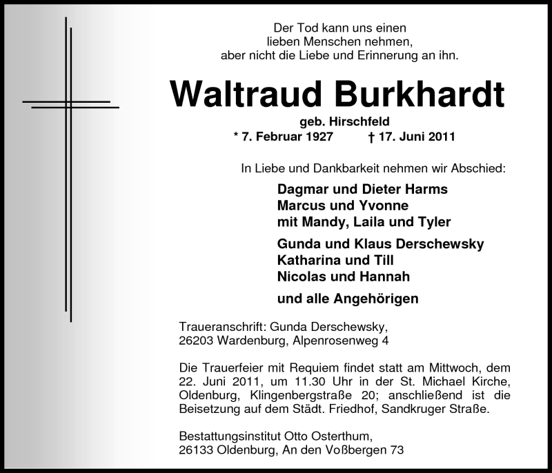  Traueranzeige für Waltraud Burkhardt vom 18.06.2011 aus Nordwest-Zeitung