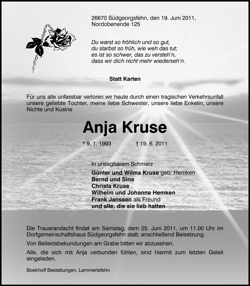  Traueranzeige für Anja Kruse vom 22.06.2011 aus Nordwest-Zeitung