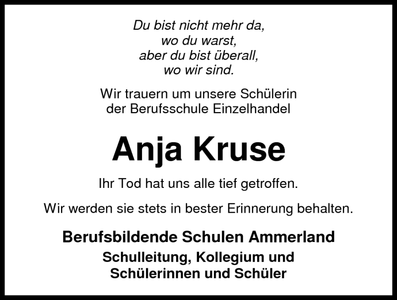  Traueranzeige für Anja Kruse vom 22.06.2011 aus Nordwest-Zeitung