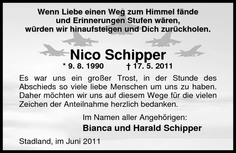  Traueranzeige für Nico Schipper vom 24.06.2011 aus Nordwest-Zeitung