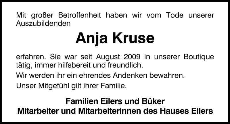  Traueranzeige für Anja Kruse vom 23.06.2011 aus Nordwest-Zeitung