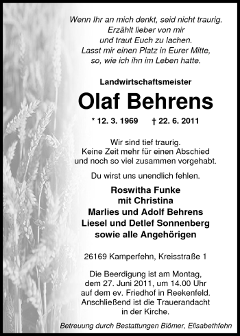 Traueranzeige von Olaf Behrens von Nordwest-Zeitung