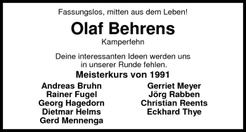 Traueranzeige von Olaf Behrens von Nordwest-Zeitung