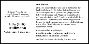 Traueranzeige von Ella Hullmann von Nordwest-Zeitung