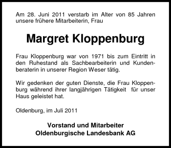 Traueranzeige von Margret Kloppenburg von Nordwest-Zeitung