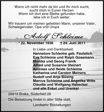 Traueranzeige von Adolf Schleime von Nordwest-Zeitung