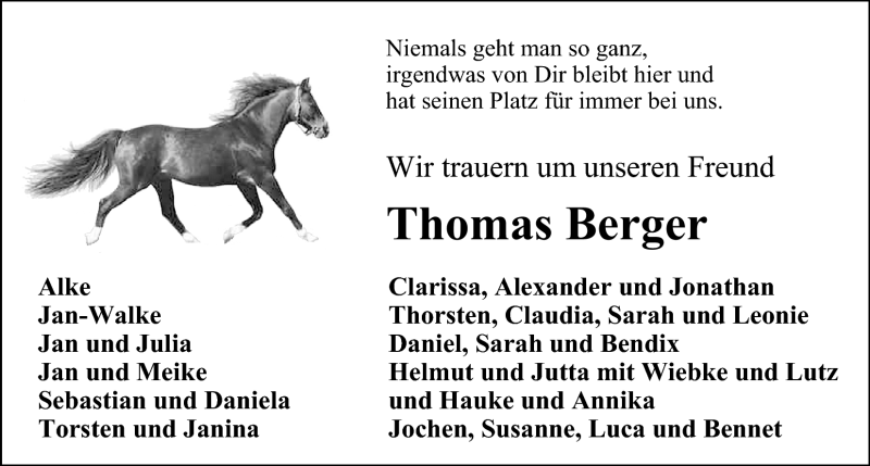  Traueranzeige für Thomas Berger vom 29.06.2011 aus Nordwest-Zeitung