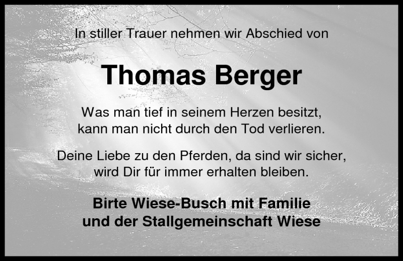  Traueranzeige für Thomas Berger vom 29.06.2011 aus Nordwest-Zeitung