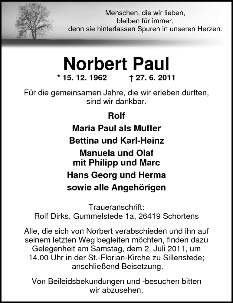  Traueranzeige für Norbert Paul vom 29.06.2011 aus Nordwest-Zeitung