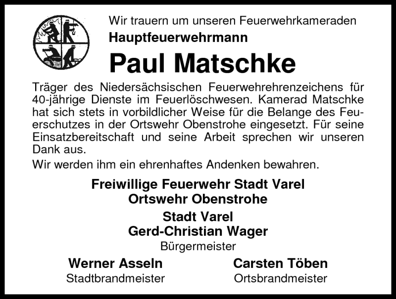  Traueranzeige für Paul Matschke vom 29.06.2011 aus Nordwest-Zeitung