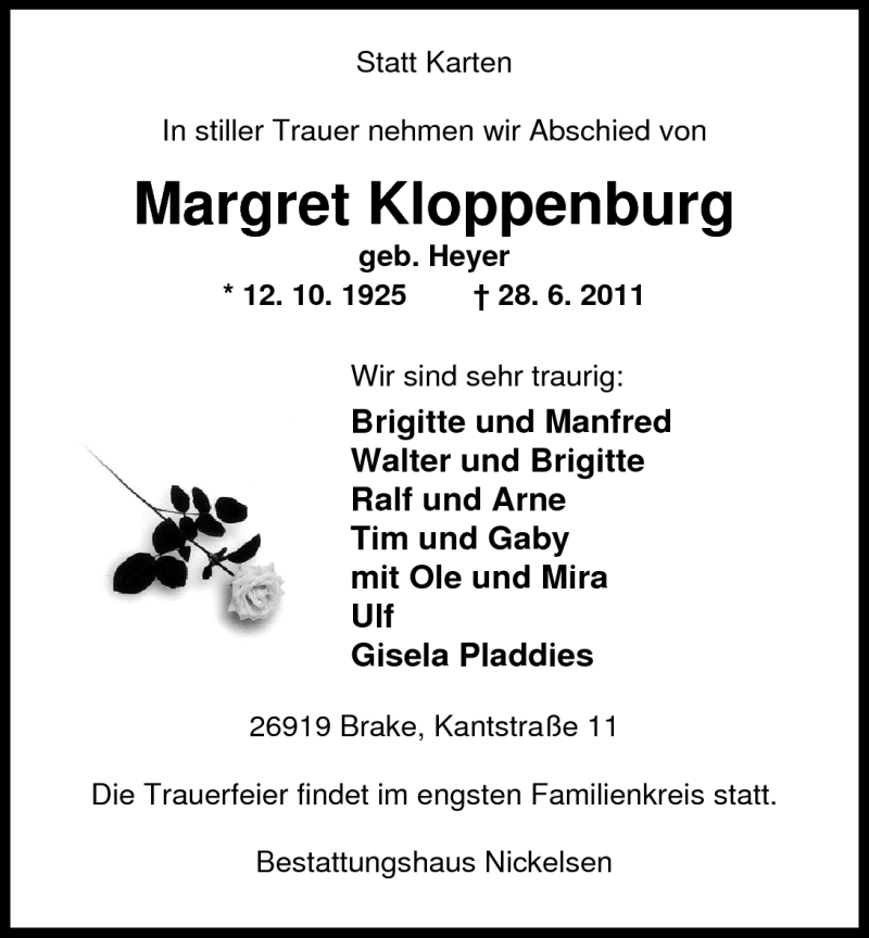  Traueranzeige für Margret Kloppenburg vom 29.06.2011 aus Nordwest-Zeitung