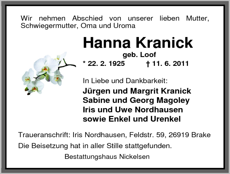  Traueranzeige für Hanna Kranick vom 01.07.2011 aus Nordwest-Zeitung