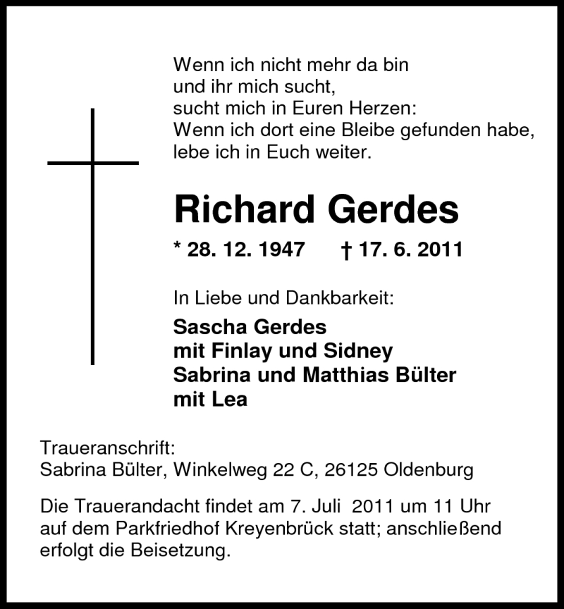  Traueranzeige für Richard Gerdes vom 02.07.2011 aus Nordwest-Zeitung
