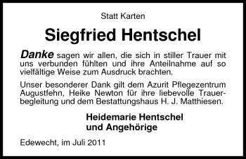 Traueranzeige von Siegfried Hentschel von Nordwest-Zeitung