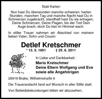 Traueranzeige von Detlef Kretschmer von Nordwest-Zeitung